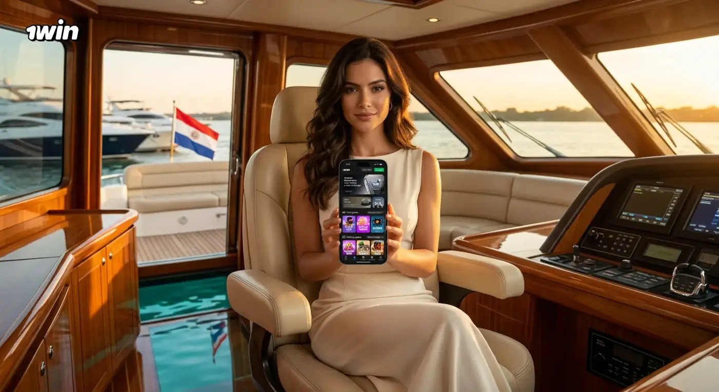 Mujer en la cabina de un yate muestra 1win en su celular con la bandera de Paraguay al fondo