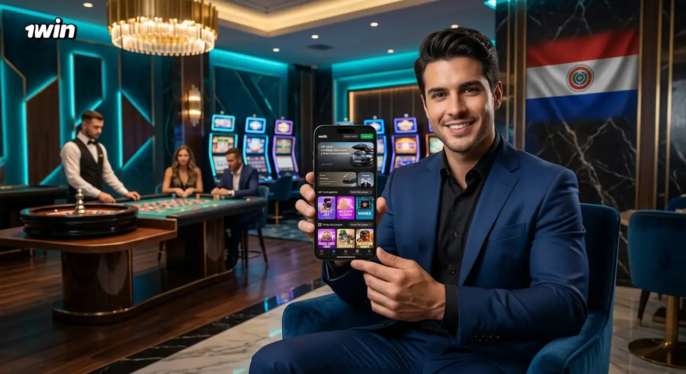 Jugador en un salón de casino de lujo muestra la app de 1win junto a la bandera de Paraguay